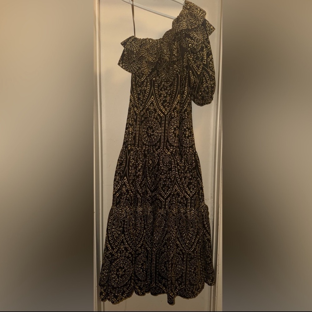 Lisa Marie Fernandez Arden one-shoulder ruffled black gold eyelet maxi dress 2 - Picture 2 of 4